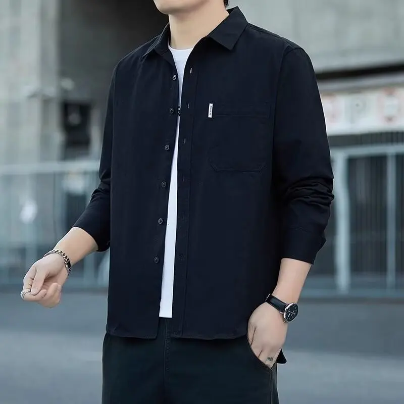 メンズ作業服長袖シャツ耐久性汚れに強いスタンダードフィット若者ファッション春シーズンボタン留めピュアカラー