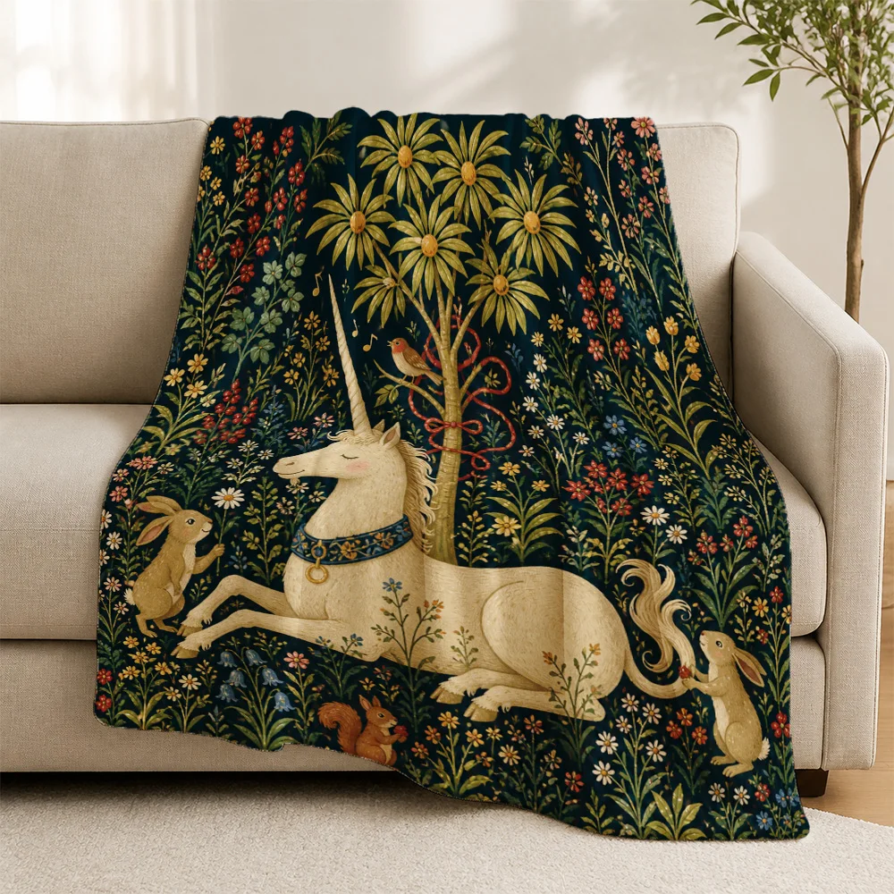 Whimsical Unicorn Forest Throw Blanket for Sofa Couch Decorative Boho Tapestry Cottagecore Animal Floral Print Cozy Autumn Winte