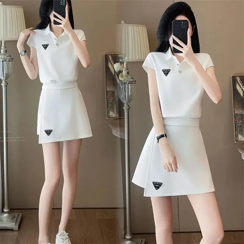 

Summer 2026 Minimalist Style White Casual Sports Set Women's Fashion Anti-aging Short Sleeve Top Skirt Pants Two-piece Set
