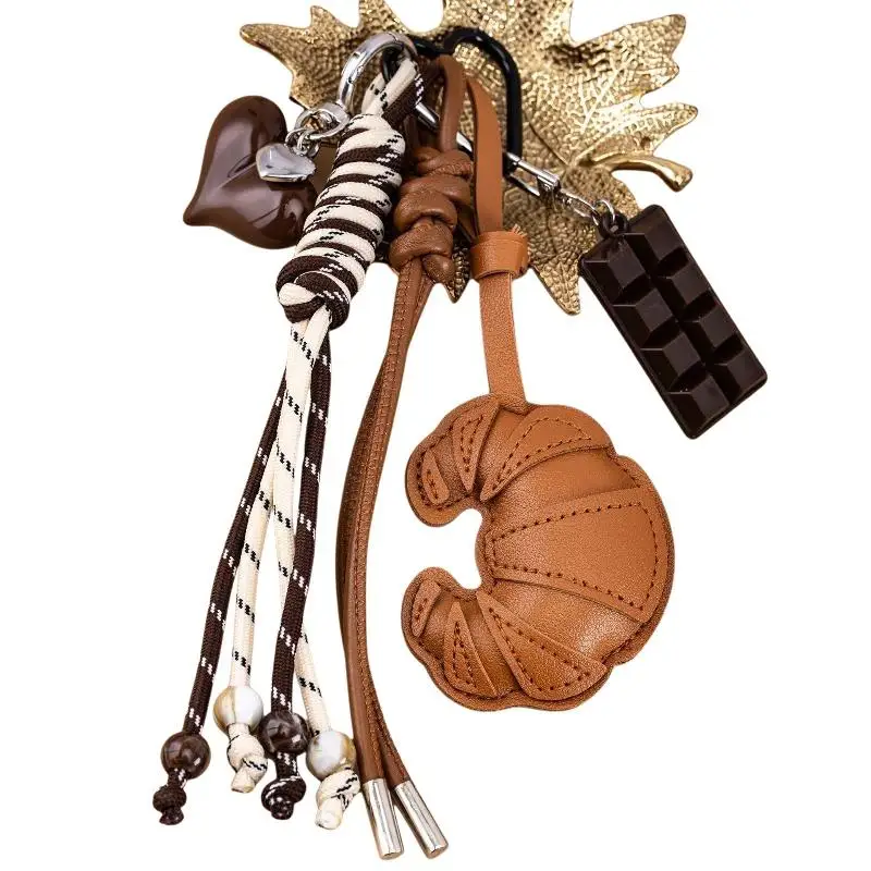 Niedlicher Croissant-Schlüsselanhänger aus PU-Leder mit geflochtenem Schlüsselband, süße Anhänger, perfekt als Taschenanhänger, Schlüsselzubehör, Geschenk. – Detail 4