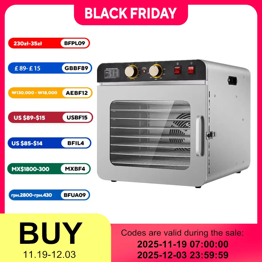 

10 Layer Stainless Steel Food Dehydrator Machine Commercial Household Dual Knob Timing Visualized Simple Dryer Fruit Maker