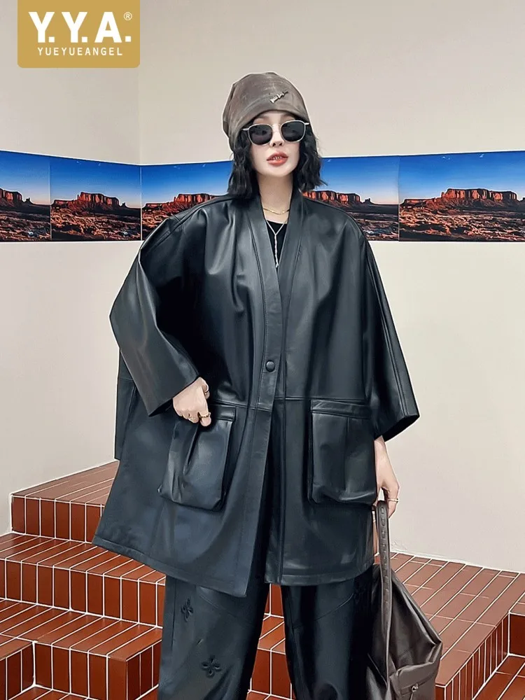 Nuova giacca da donna in vera pelle Harajuku con scollo a V vestibilità ampia con bottone singolo streetwear cappotto di pelle di pecora medio lungo casual oversize