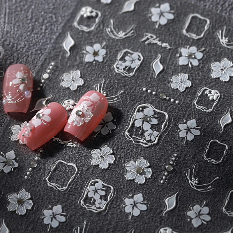

Vivid Pure White Flower Line Square Frame Line Leaves Self Adhesive Nail Art Stickers Dreamy Totem Manicure Decals Nail Supplies