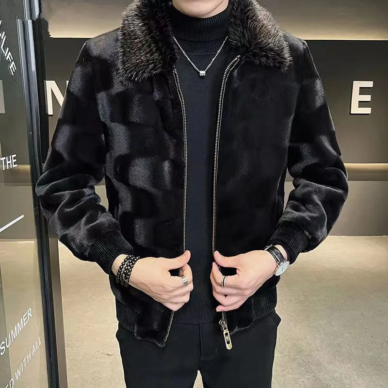 Winter New Fashion Men's Solid Color Casual Trendy Simple Basic Daily Thicken Turn-down Collar Faux Fur Coats Male Jackets Tops