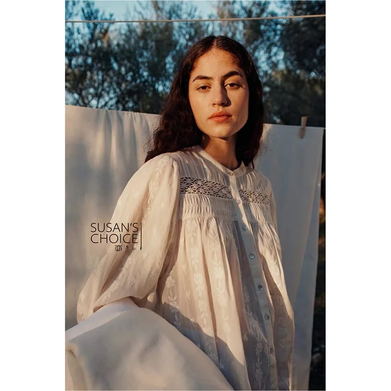 เสื้อทรงตรงผ้าฝ้ายสีขาวปักลายฉลุสำหรับผู้หญิง ยี่ห้อ Susan รุ่น Ne Bubble Sve สำหรับต้นฤดูใบไม้ร่วง