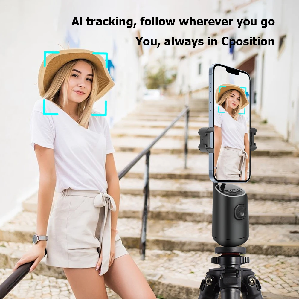 AI Face Tracking Gimbal Mobile Phone Stabilizer, 360 Auto Rotate Selfie Stand for Iphone 15 Pro Max Android, Optional Tripod