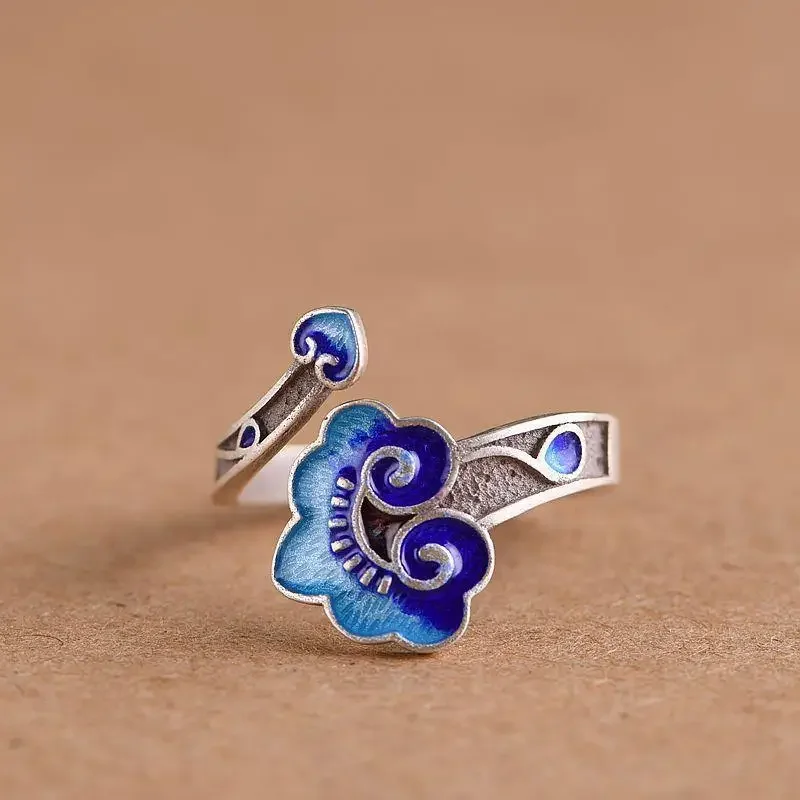 New In Silver 925 Retro Enamel Blue Auspicious Cloud Ruyi rings for women Ethnic Style Charms Ring Banquet Jewelry adjustable