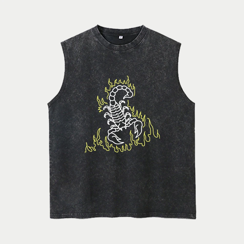 Men's Scorpion Flame Print Sleeveless Vest Washed Distressed Street Style Casual Cotton T-Shirt Summer Fitness Training Wear