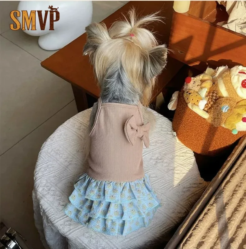 

Spring Summer New Korean Brown Splicing Small Floral Multi Layer Cake Dress Sweet Princess Style Pet Kitten Small Dog Clothes