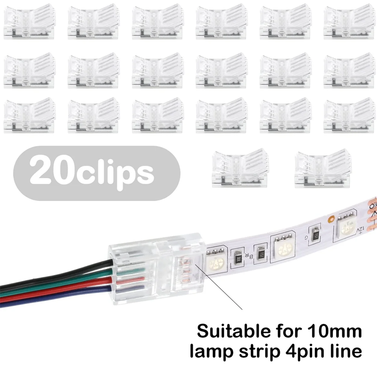 Impermeável LED Light Strip conectores, adaptador Solderless, 4 Pin, 10mm, 20 pcs