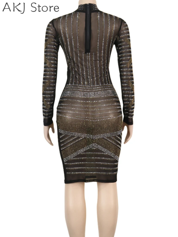 Vrouwen Rhinestone Sheer Mesh Mock Hals Lange Mouw Bodycon Jurk