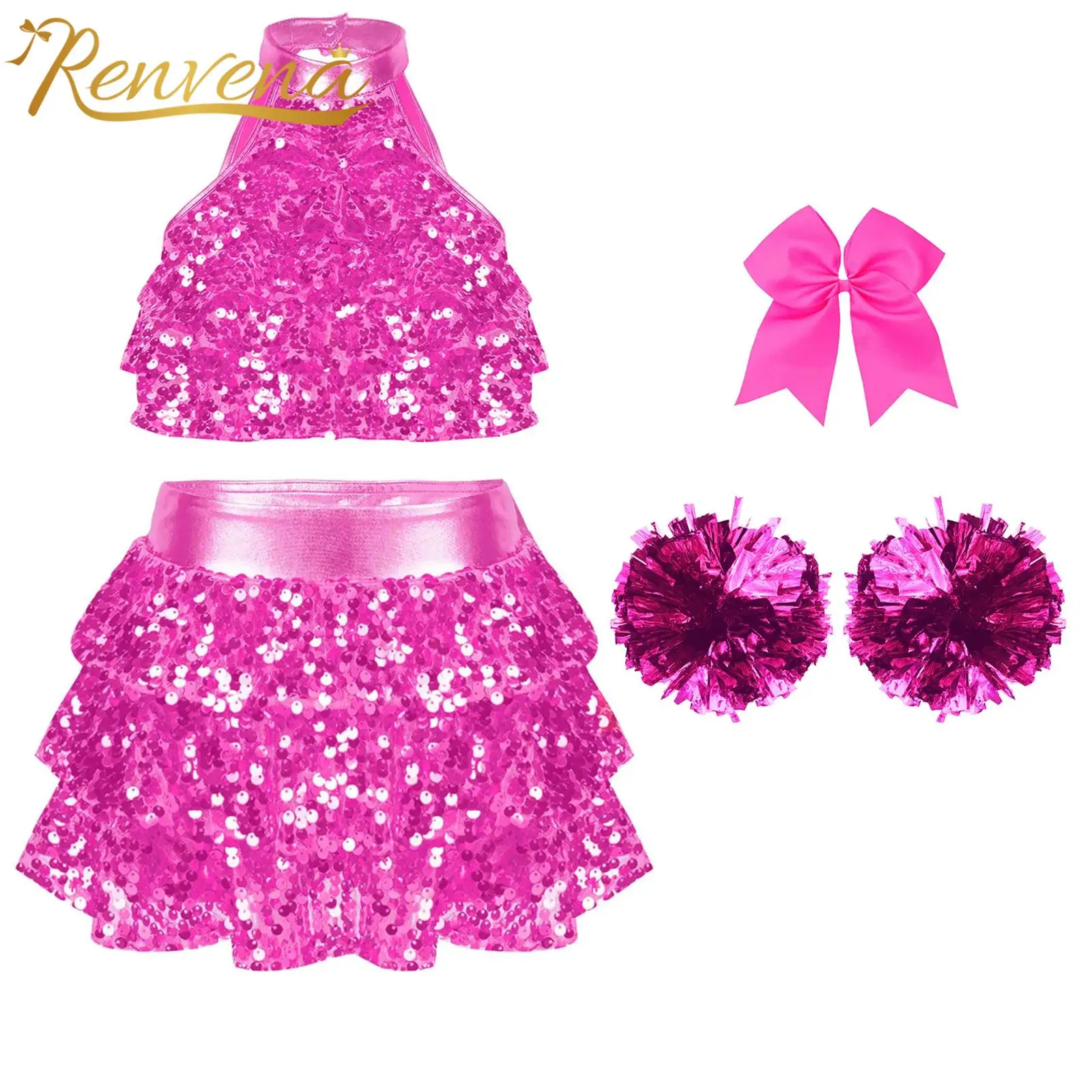 Children's Girls Dancewear Set Kids Jazz Dance Outfits Cheerleading Costume Shiny Sequins Tiered Crop Top with Ruffled Culottes