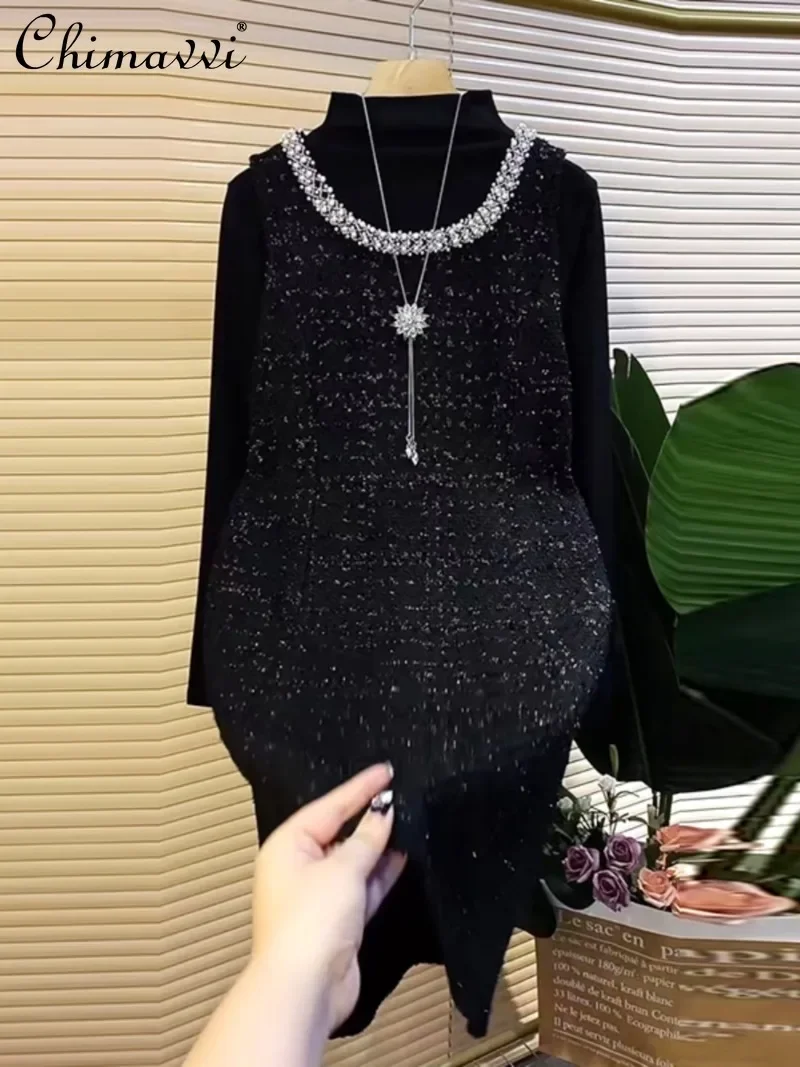 

2024 New Large Size European Foreign Vest Skirt Heavy Industry Diamond-encrusted Crew Neck Bottom Shirt Long Sleeve Set Women