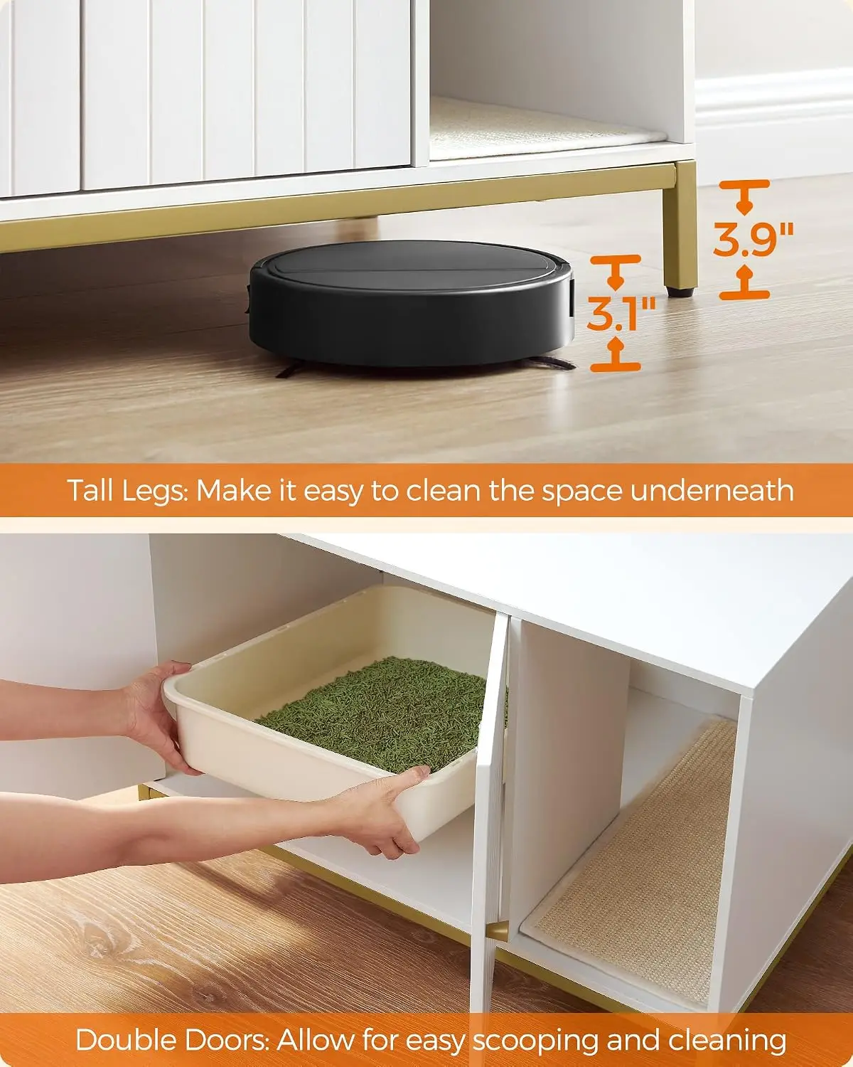 Feandrea Cat Litter Box Enclosure, Hidden Litter Box Furniture with Scratch Pad, Front Entry, Double Cabinet Doors, Modern Style, 31.5" Cat House Washroom Side End Table, White and Gold view 6