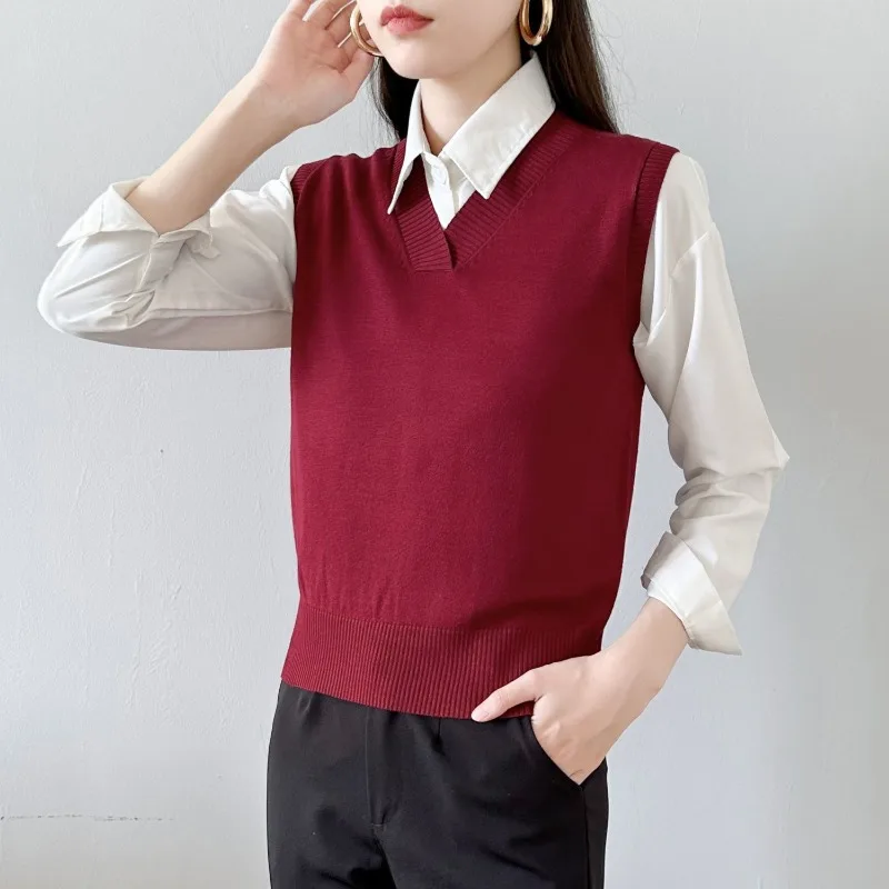 England Style Preppy Style Simple Clean Neat Sweet Youth Loose Fake Two Pieces Vest Sweater Women\'s Knitted Shirt Autumn 2024