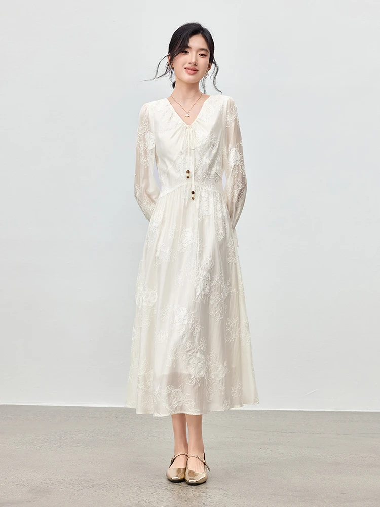 

SENTUBILA Women's Autumn Long Dress Lace Up V Neck Long Sleeve Dress Lyocell Embroidered Dress Elegant Female Clothing Q53LI3977