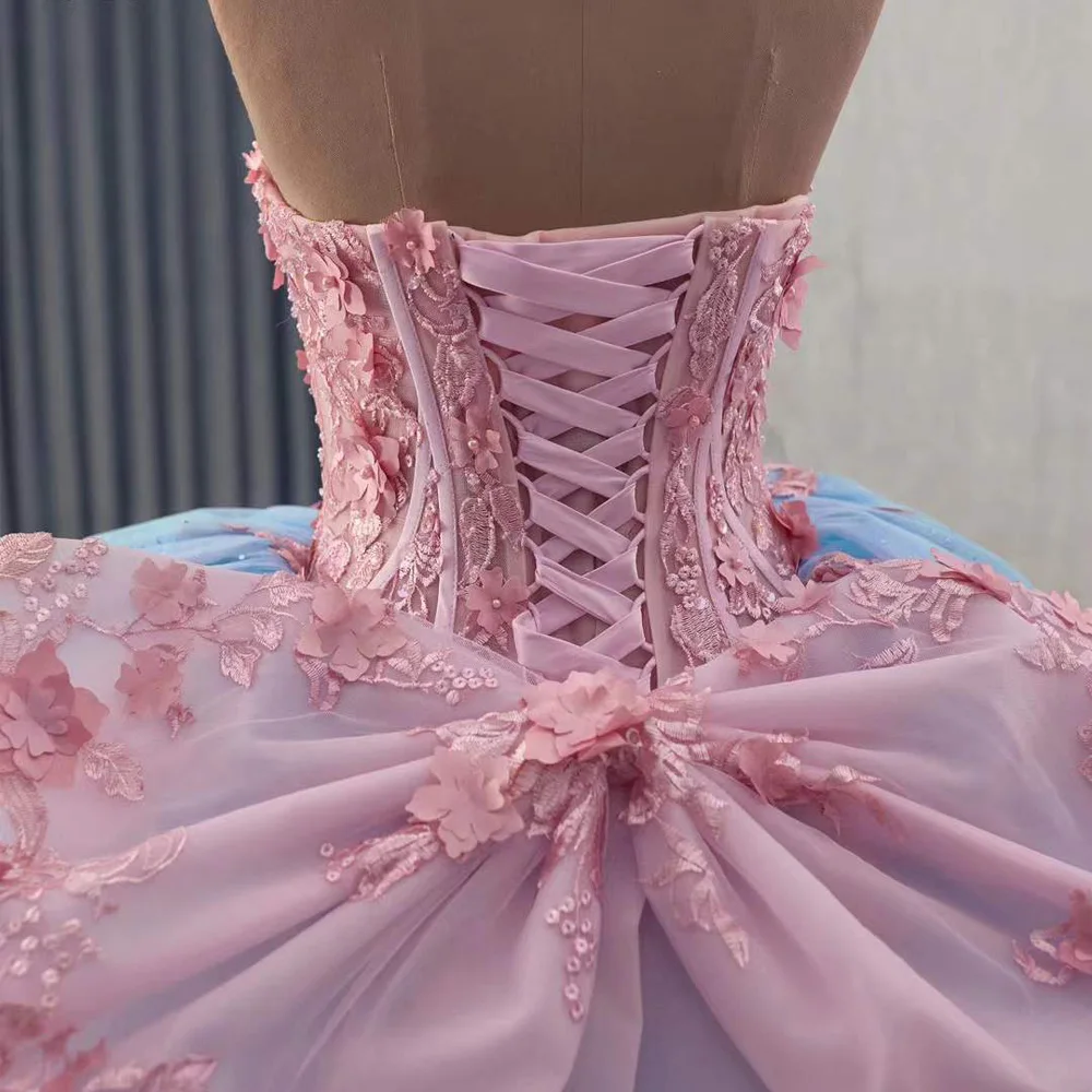 Vestidos De 15 Años De lujo 2025 Sweetheart Bow apliques con cordones en la espalda azul rosa vestido largo De fiesta De noche con mangas desmontables