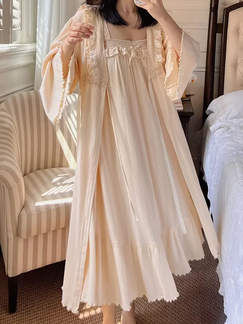 Women Spring Autumn Vintage Victorian Night Dress French Sweet Camisola Pajama Robe Two Piece Set Princess Sleepwear Nightgowns