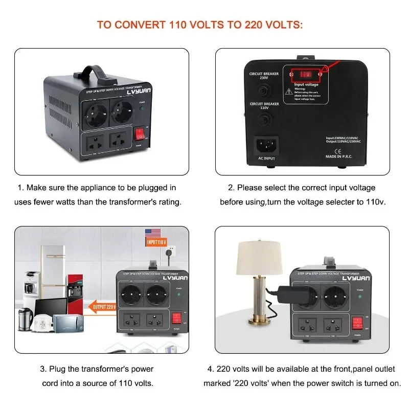 Yinleader 110V naar 220/230V Spanningsomvormer Transformator Step Up/Down 120V naar 240V met 2 US & 2 EU-uitgangen 1500W