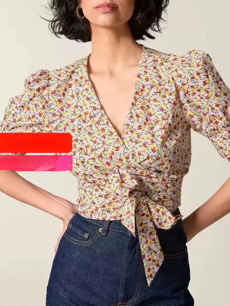 

7U ROU25 Summer Small Fragrance Style Printed V-neck Bubble Sleeve Belted Shirt Women's Slim Fit Cotton Short Sleeve Top