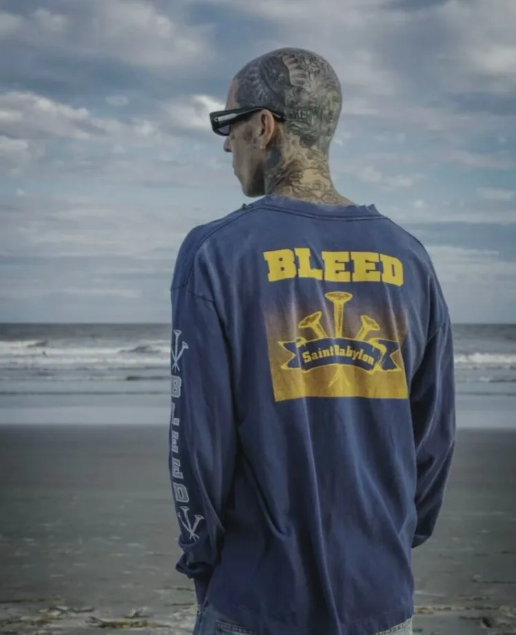 تي شيرت Saint Babyl باللون الأزرق الداكن 100% قطن فضفاض مناسب كاجوال بأكمام طويلة للرجال، قميص مريح كبير الحجم