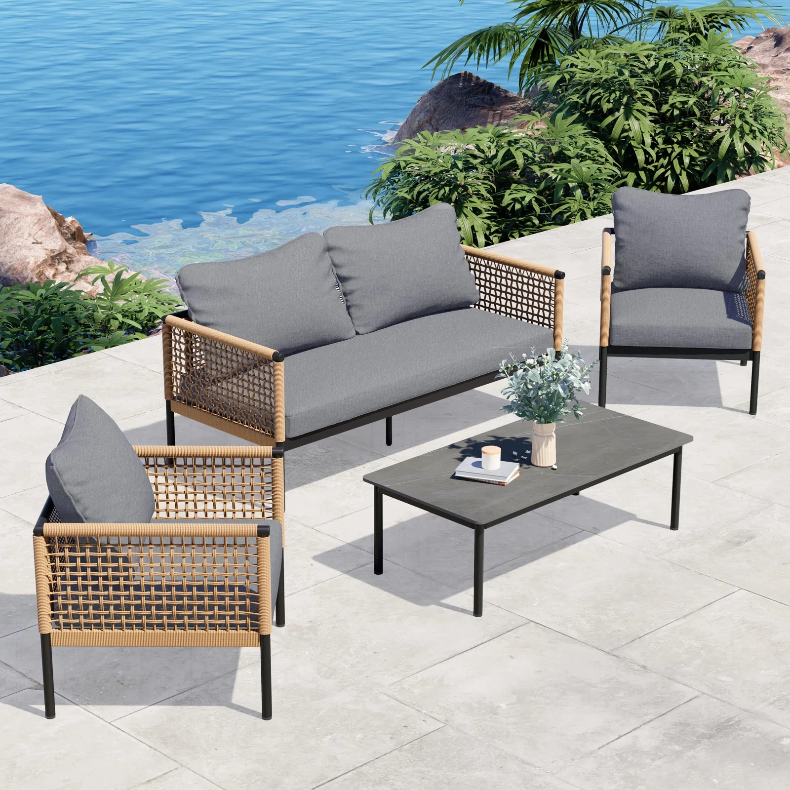 

Outdoor 4-Piece Conversation Set Rust Free Patio Furniture Set Open-Weave Wicker Olefin Modern Sofa Seating for Garden, Backyard