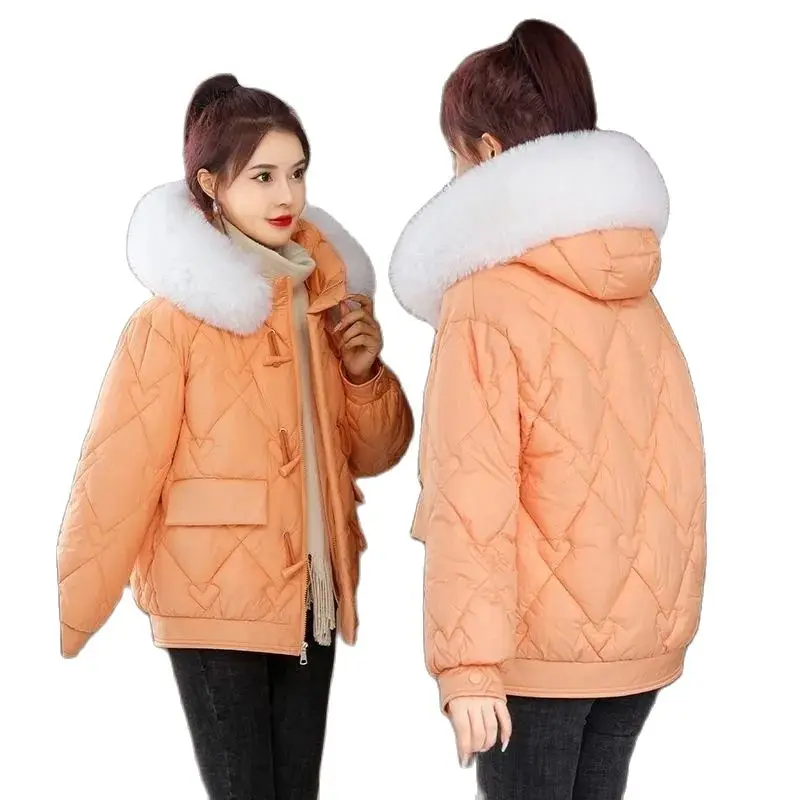 Winter New Big Fur Collar Down Cotton-Padded Jacket Coat Thickened Joker Loose Warm Hooded Short Trend Comfortable Overcoat