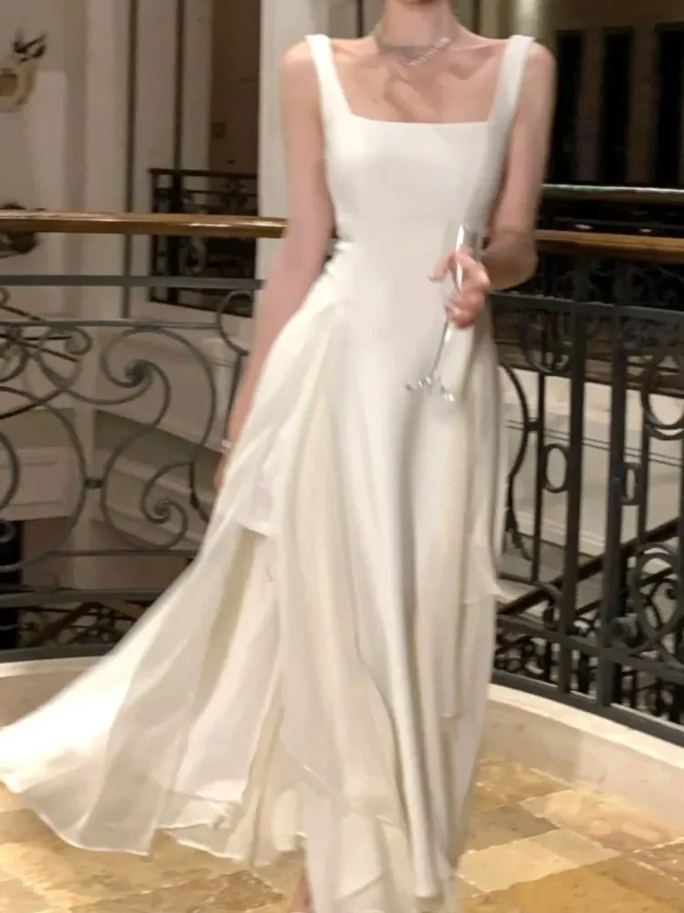 

Вечернее платье с оборками для женщин, элегантное платье трапециевидной формы с квадратным воротником без рукавов, однотонное летнее платье для выпускного вечера, корейские платья