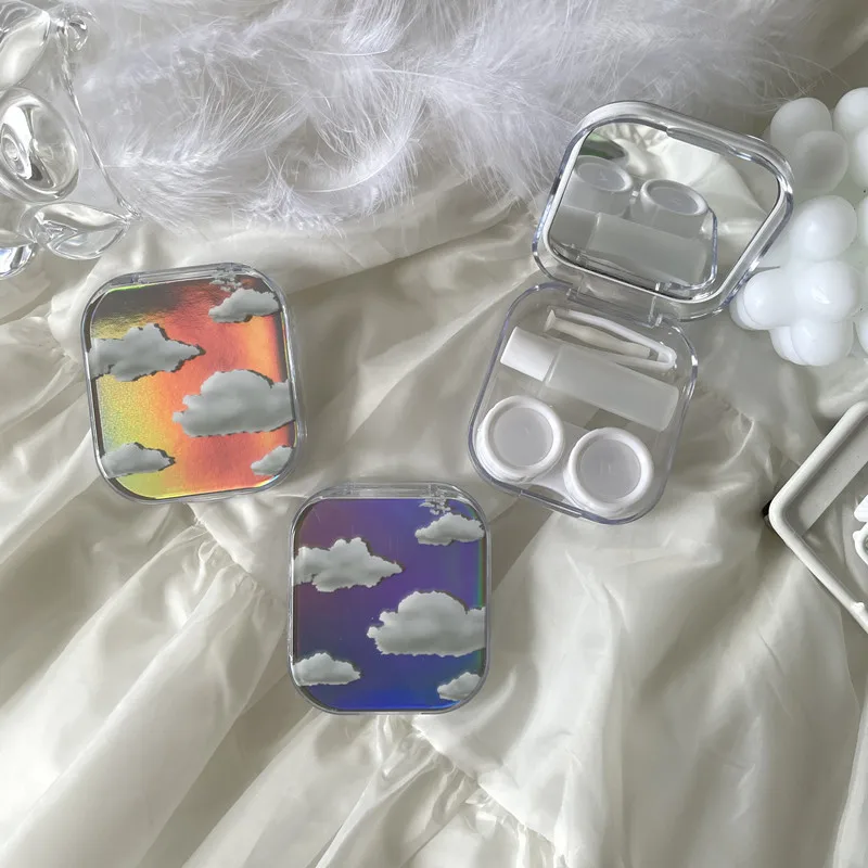 Fashion Laser Clouds Contact Lens Case Cool Portable Mini Cosmetic Lens Box with Mirror Travel Contact Lenses Storage Container