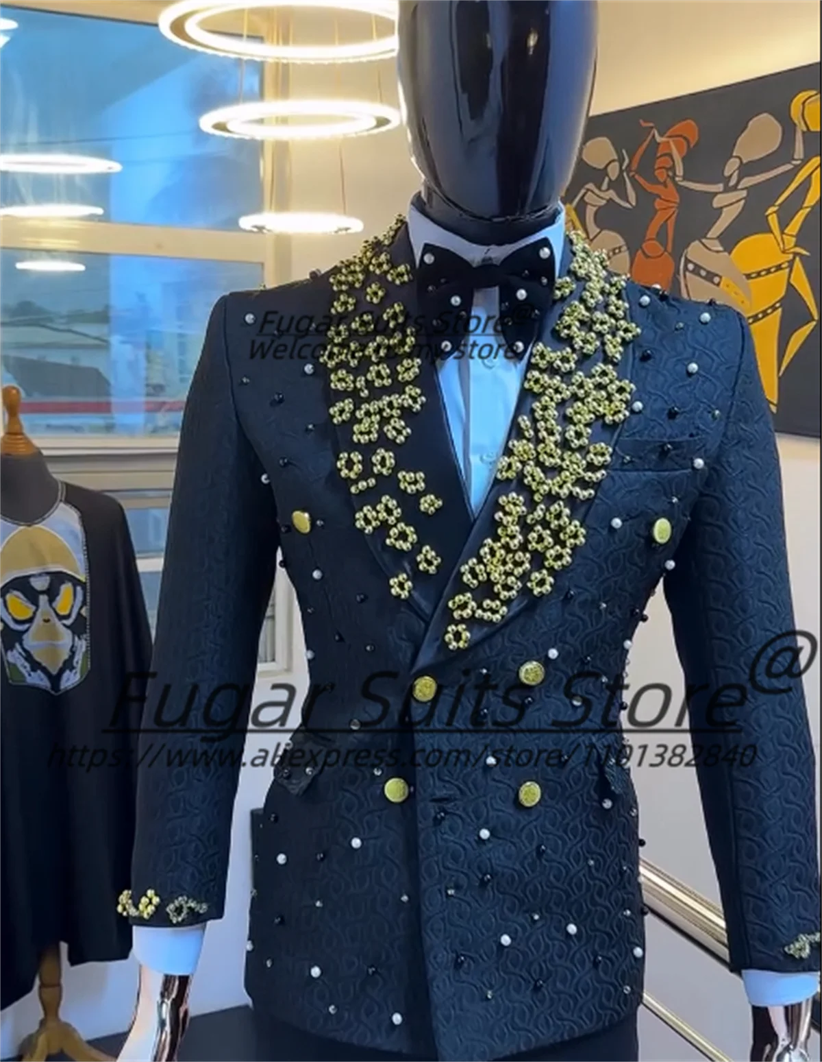 

Luxuly Gold Embroidery Men Suits Customized Slim Fit Shawl Lapel Groom Wedding Tuxedos Male Prom Blazers 2 Pcs Sets Ropa Hombre