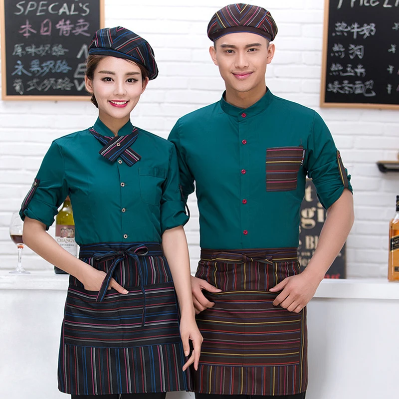 Food Service Shirt Hat Apron 3 Pce Suit Restaurant Waitress Kitchen Shirt Hotel Uniforms Bakery Coffee Waiter Work Clothes