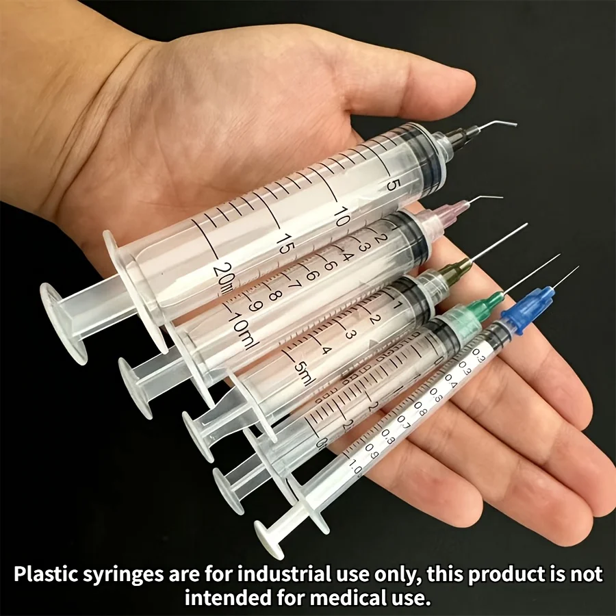 Juego de 5 jeringas Luer de laboratorio, incluyendo tamaños de 1 ml, 3 ml, 5 ml, 10 ml y 20 ml, con agujas de punta roma, adecuadas para aplicaciones industriales, veterinarias y de laboratorio, se pueden usar como muestradores, dispensadores de pegamento