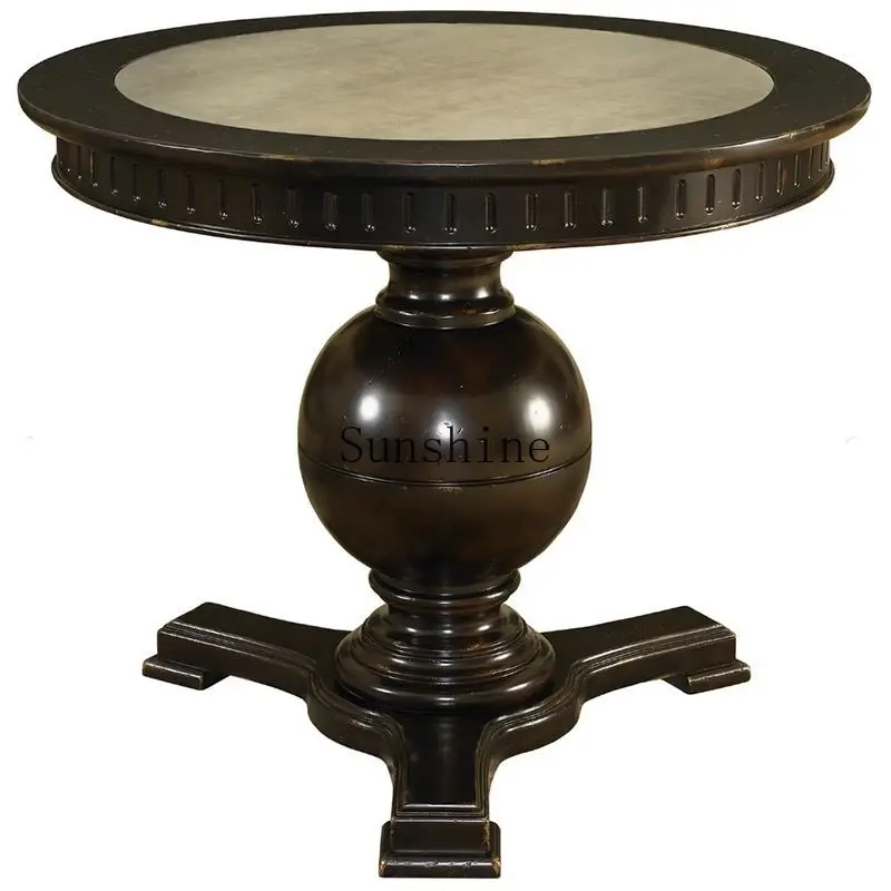 

French retro solid wood round dining table marble surface coffee/dining table