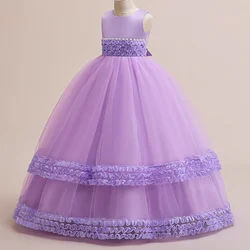 New Long Dress 3D Flower Children's Dress Beaded Bunny Skirt Piano Performance Dress Christmas Fashion Sleeveless Dress