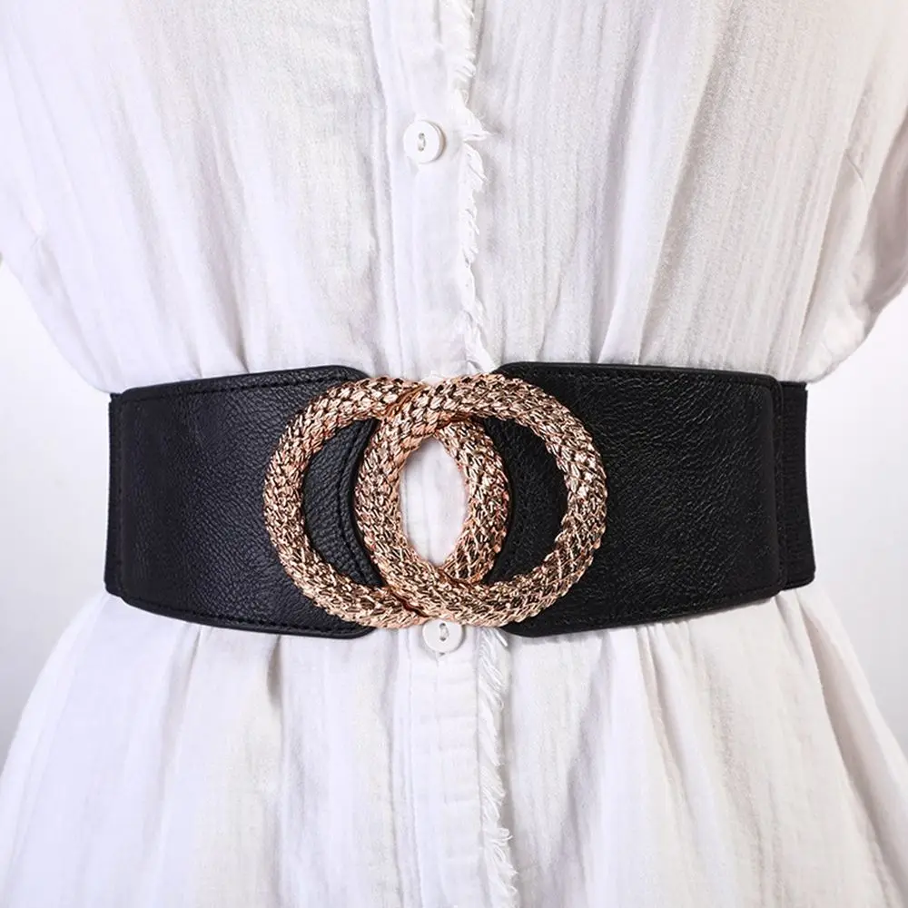 

Korean Metal Round Buckle Corset Female All-match Elastic Waist Strap Skirt Decorations Wide Waistband PU Leather Cummerbund