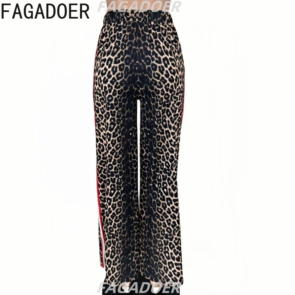 FAGADOER Casual Leopard Print Straight Pants Women Drawstring Stripe Patchwork Wide Leg Pant Trousers Female Streetwear Bottoms