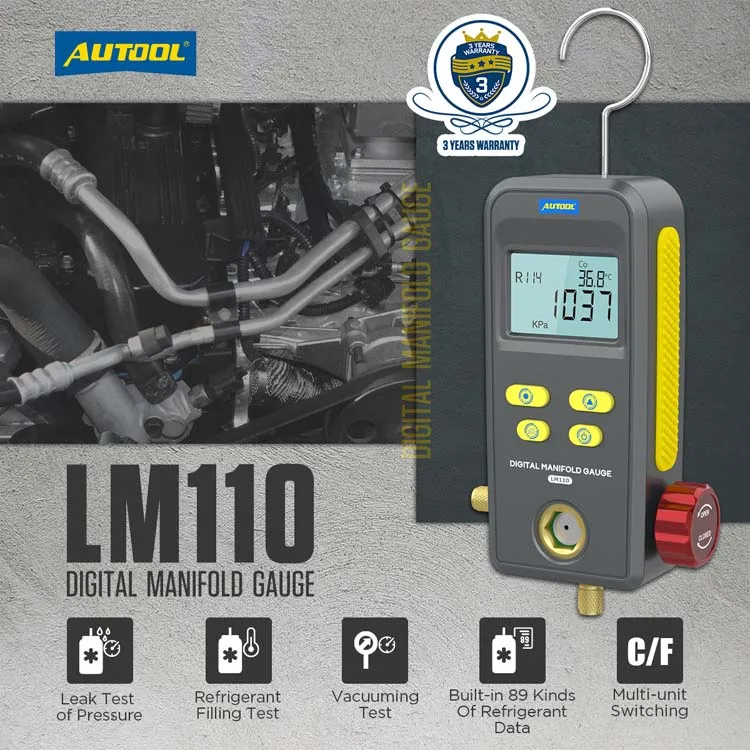 AUTOOL LM110 Digital Refrigeration Manifold HVAC Cold Medium Vacuum Pressure Temp Car Air Conditioning Tester