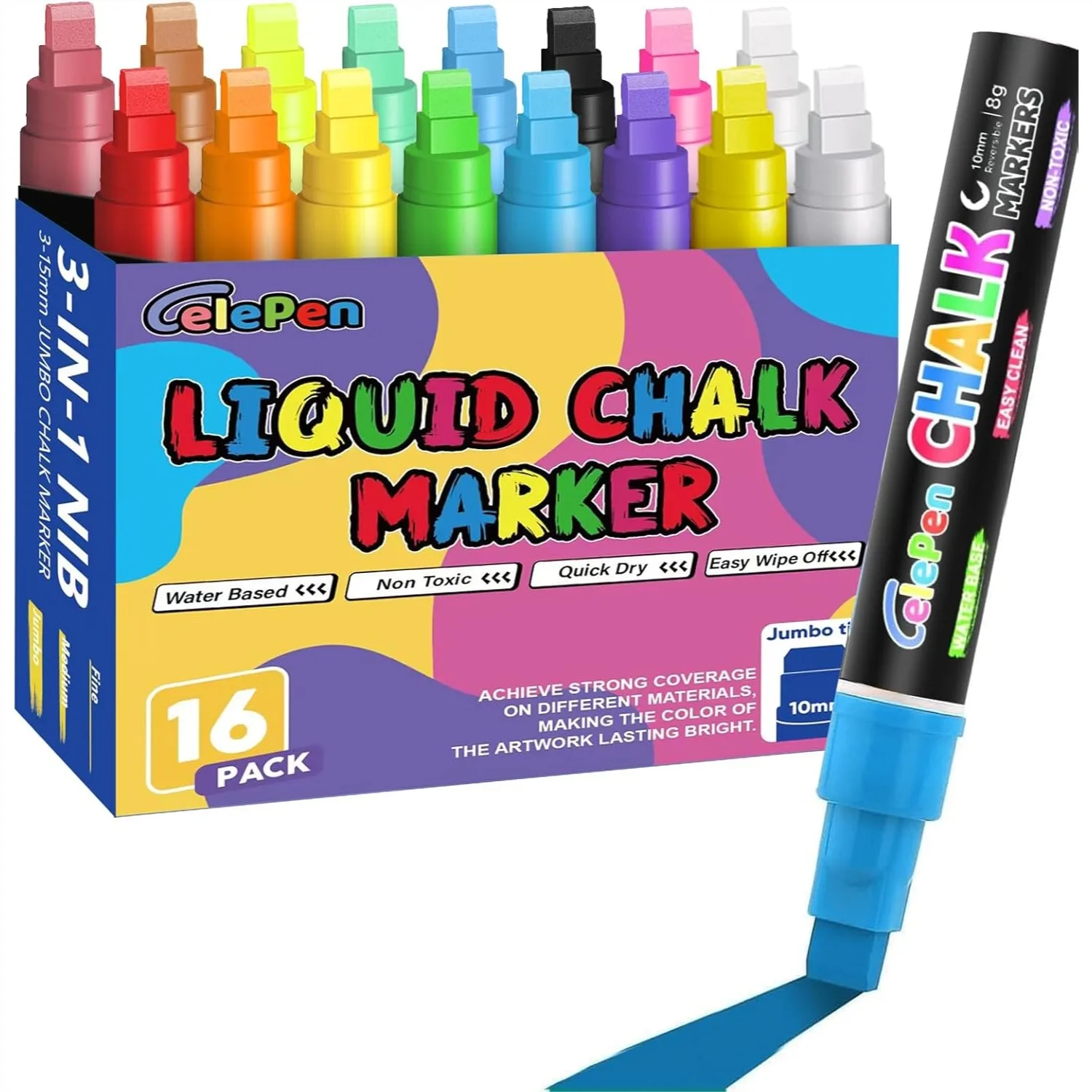 

16 Colors Jumbo Liquid Chalk Markers For Car Glass Washable With 10mm 3 In 1 Nib Wide Tips