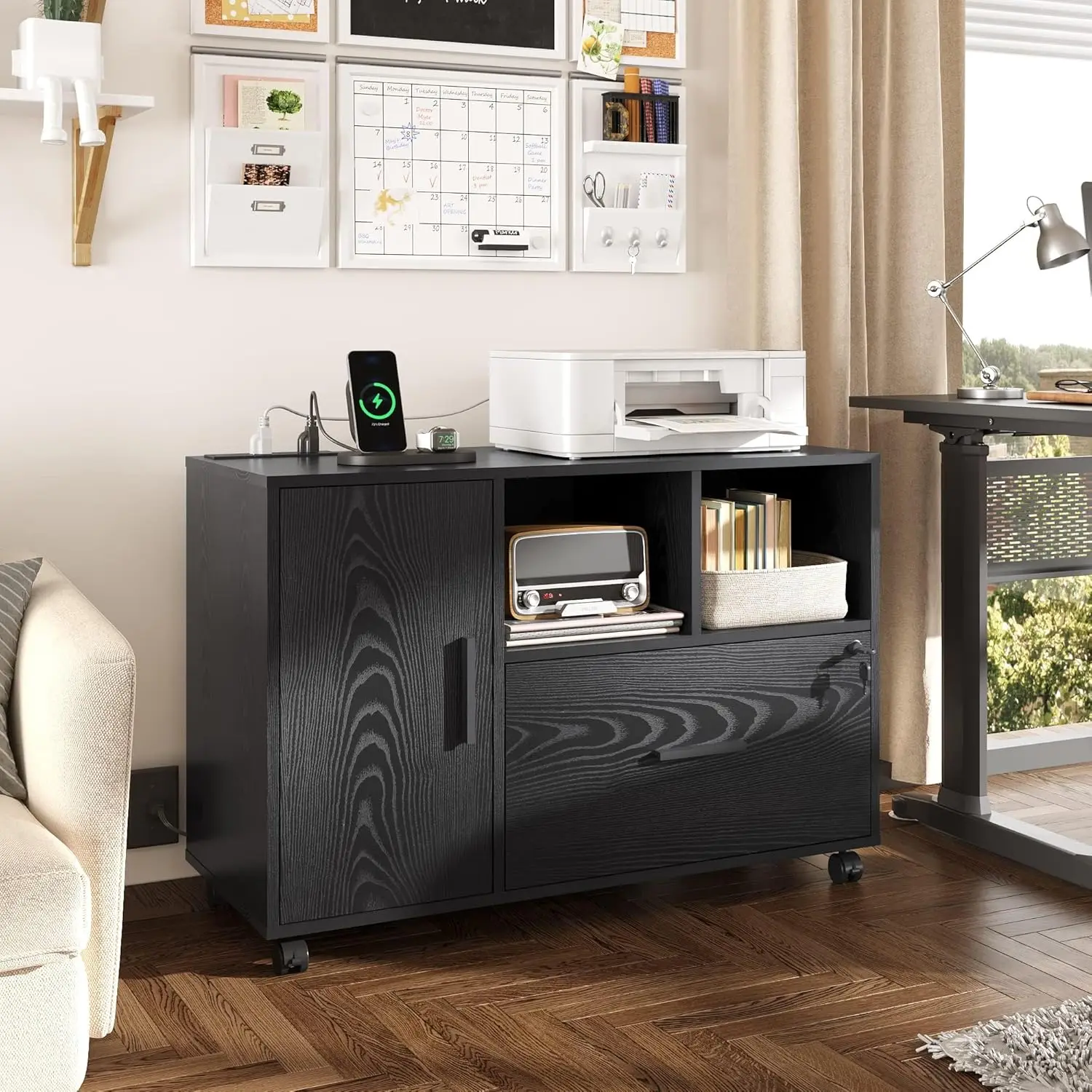 File Cabinet with Charging Station, 1-Drawer Lateral File Cabinets with Lock for Home Office