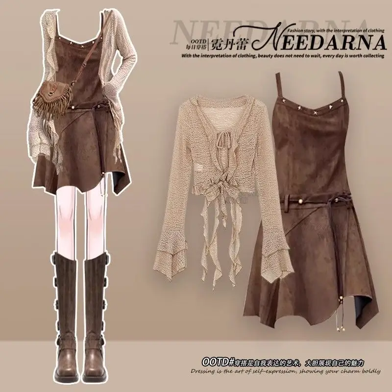 

Elegant New 2 Piece Set Women Vintage Female Y2k Long Sleeve Top Mini Skirt Suit Summer 2025