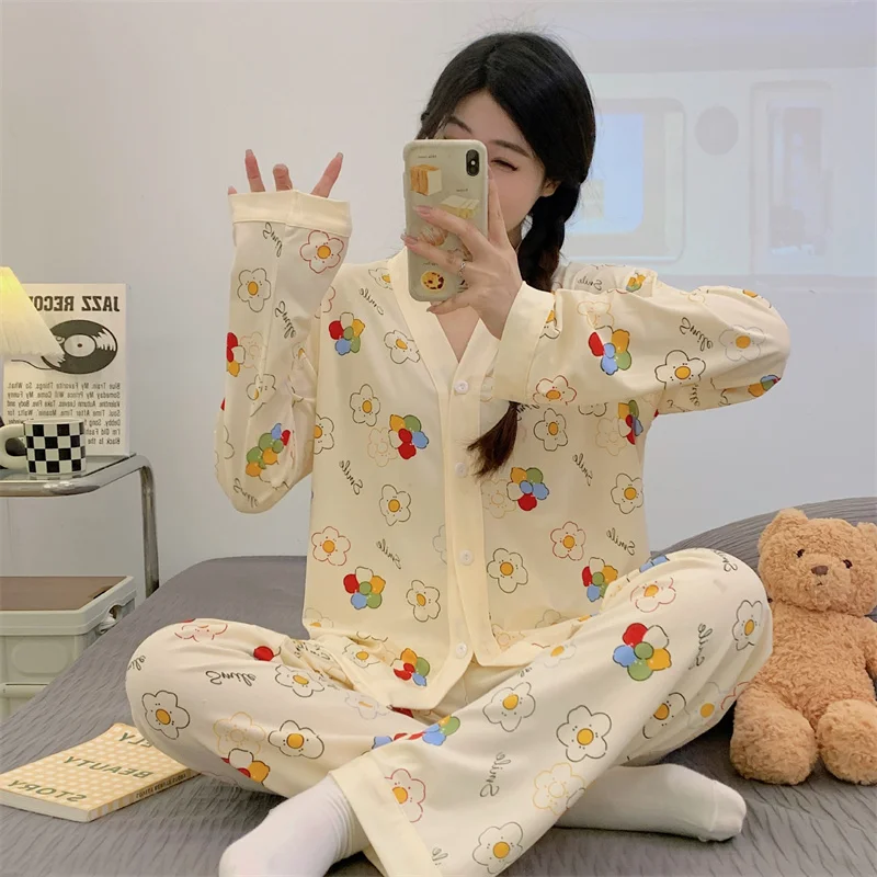 Spring Autumn Women's Thin Cotton Imitation Pajamas V-neck Long Sleeve Cardigan Pants Cartoon Loose Casual Home Clothing Set