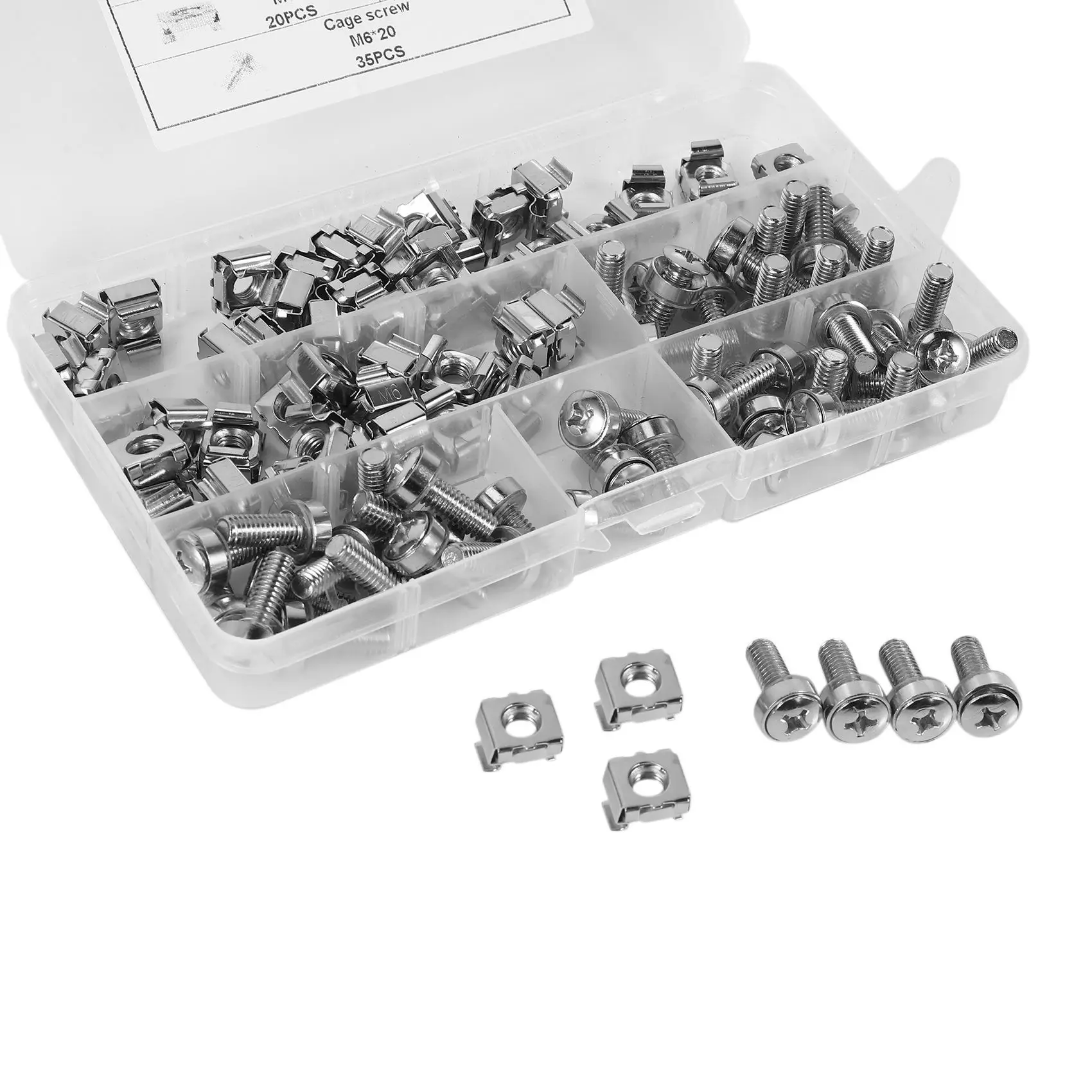 ABFU-100 Sets M6 Square Hole Hardware Cage Nuts&Mounting Screws Washers For Server Rack And Cabinet(M6 X 20Mm)