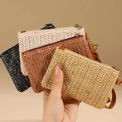 1PC Solid Color Straw Bag Fashion Ladies Wristlet Wallet Portable Coin Purse Holder Bag Lipstick Bag