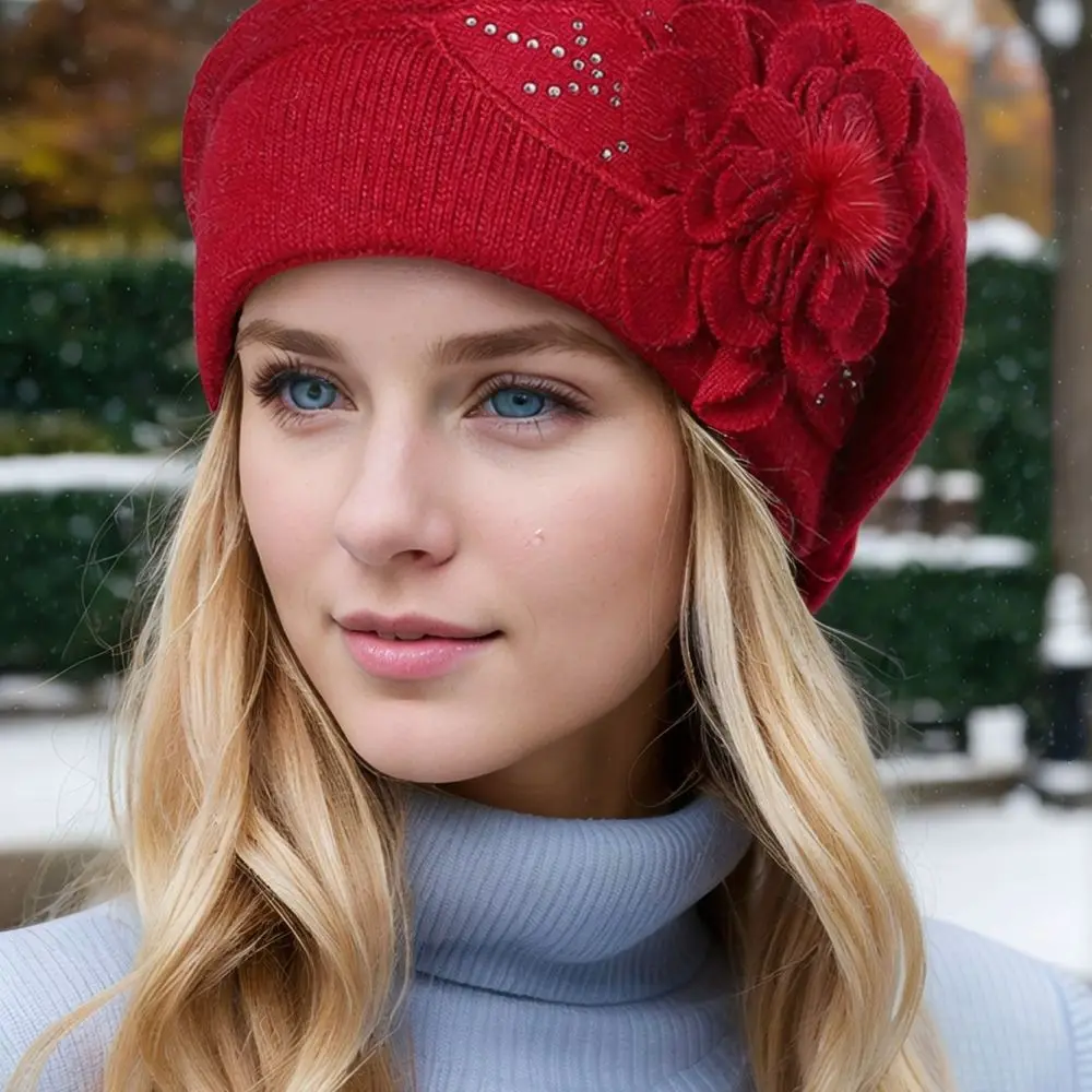 Winter Knitted Beanie Hat Women Warm Fleece Lined Cap Fashion Floral Decor Windproof Ear Protection Soft Casual Bonnet