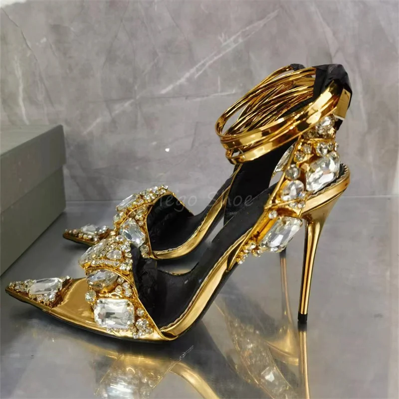 Crystals Pointy Stiletto High Heels Sandals for Women Luxury Brand Design Golden Colors Rose Red Strapy Slingback Sandalias Lady