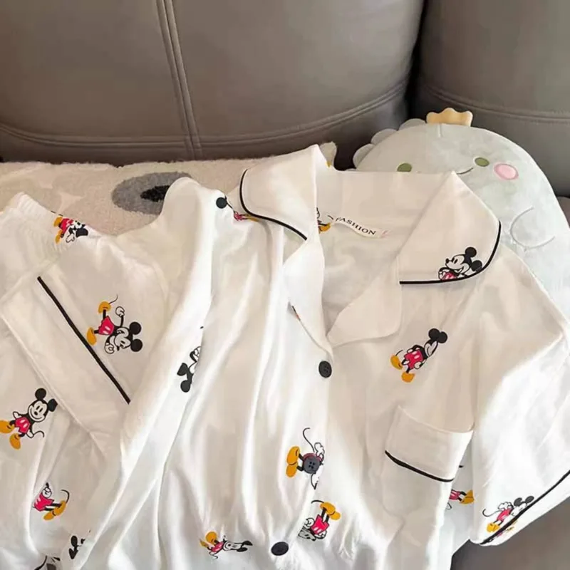 New Disney Mickey Summer Pajamas Women White Pajamas Sets Short Sleeve Sleepwear Shorts T-shirt Cute Korean Fashion Home Clothes