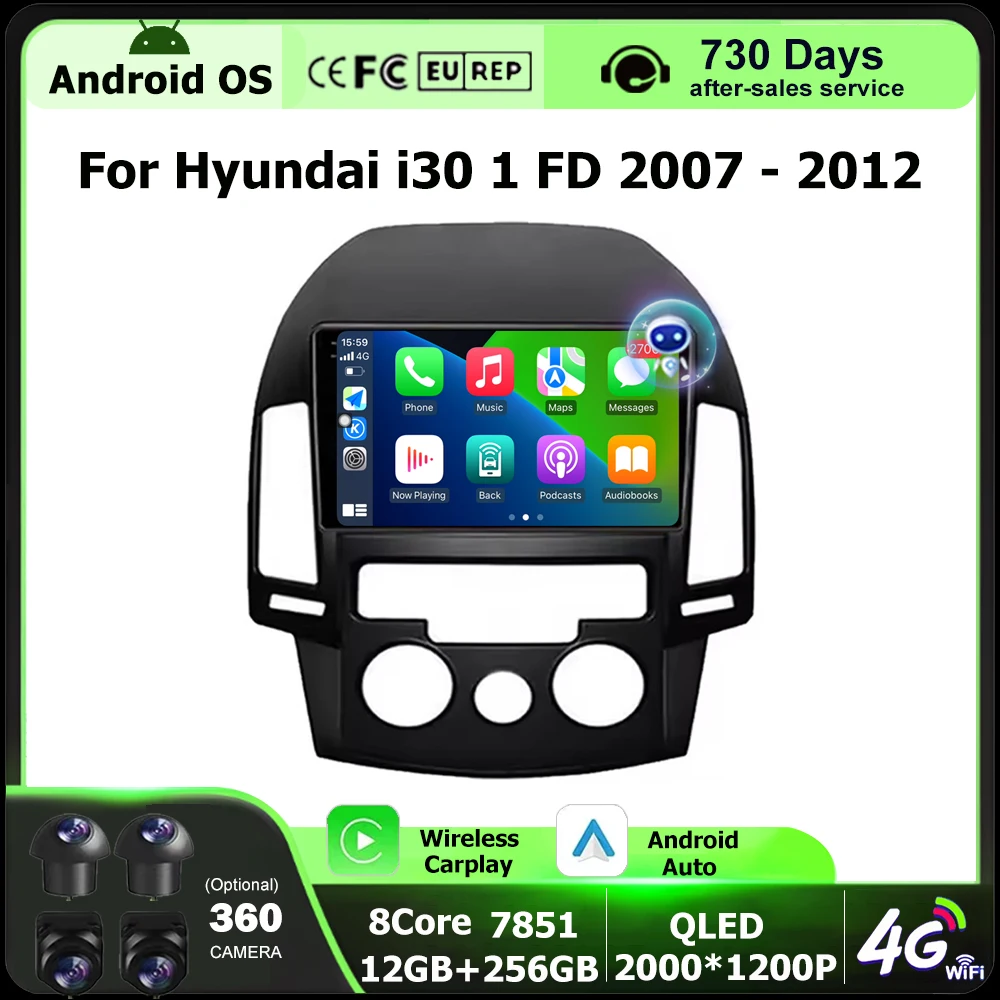 

9 дюймов для Hyundai i30 1 FD 2007-2012 Android Авто GPS-навигация Автомобильный радиоприемник Мультимедийный плеер Стерео 360 Камера Беспроводной Carplay