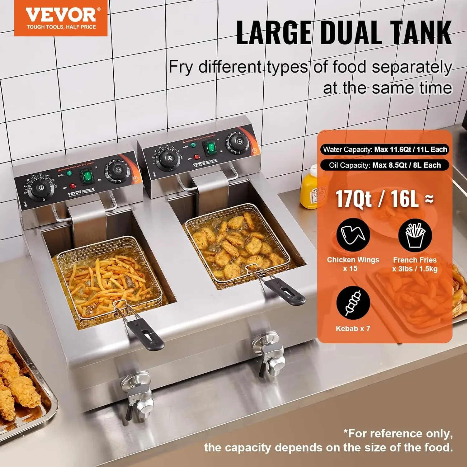 Commercial Deep Fryer, Dual Tank 3000W Electric Countertop Fryer with Basket, 2 x 11.6Qt/11L Double Stainless Steel Oil Fryer wi