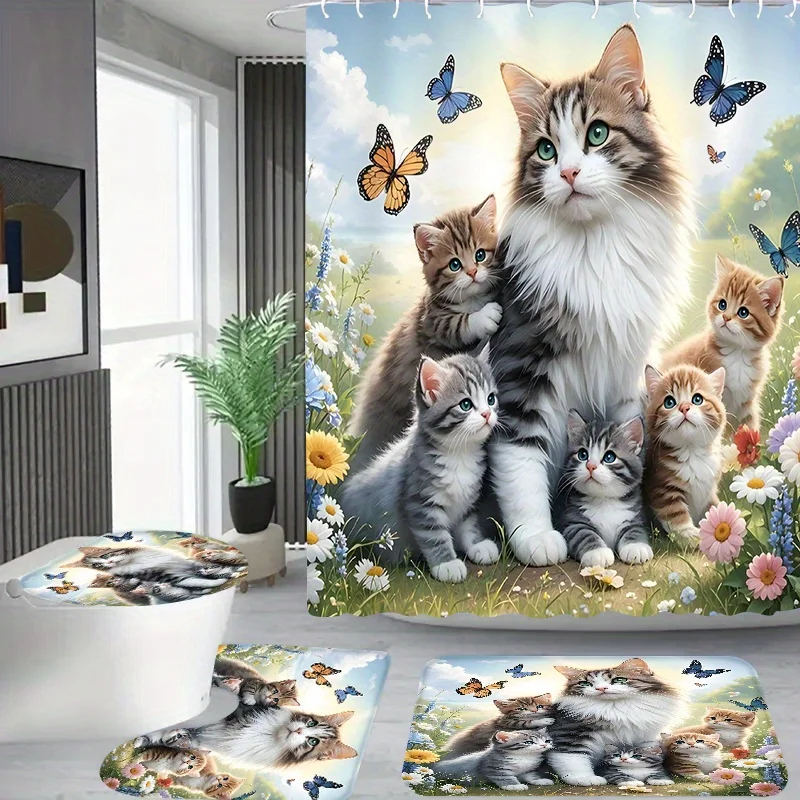

4pcs A family of docile cats pattern, Apartment bathroom, Shower Room shower curtain, hotel shower curtain set, with 12 hook