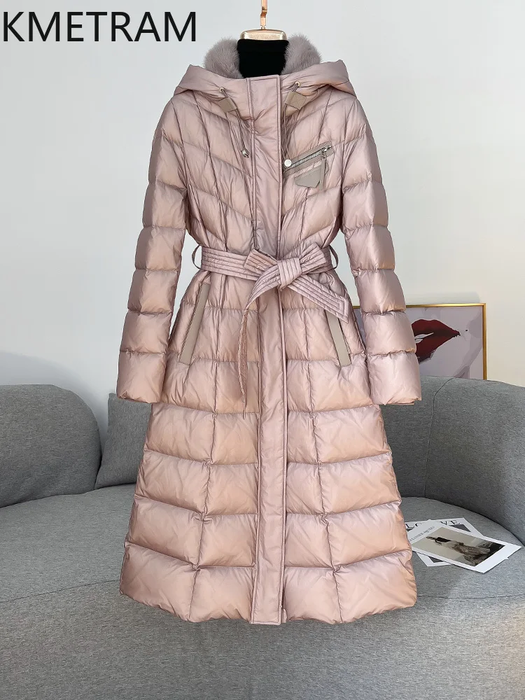 KMETRAM White Goose Down Puffer Jacket Woman Long Pink Down Coats Hooded Mink Fur Collar Outerwears Winter Clothes 2025 пальто